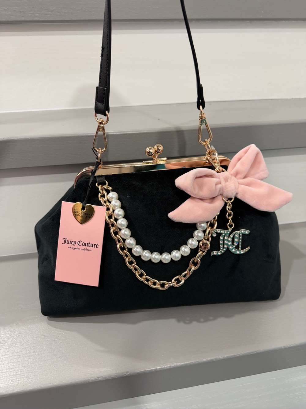 Juicy Couture Black Velvet Clutch Bag with Pink Bow and Pearl Chain